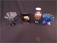 Four blue items including two china vases: