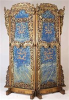 Ornate Chinese Gilt & Silk Two Panel Screen