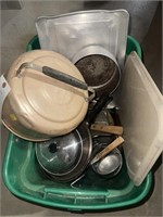Plastic Tote of Kitchen Pots and Pans