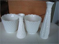 Hobnail planters and milk glass bud vases