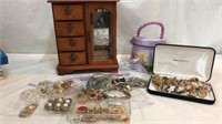 Wooden Jewelry Box w/ Costume Jewelry Q7C