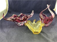 Murano 3 Leaf Clover Yellow Bowl, Cranberry &