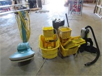 Vacuum, Buffer, Mop Buckets, and Bleach-