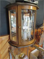 Lighted Oak Glass Table Top Curio Cabinet w/ Key