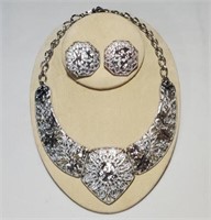 Vintage Silvertone Statement Necklace & Earrings
