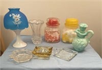 MISC GLASSWARE ASHTRAYS, FAIRY LAMP AND MORE
