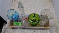 Glass Decanter / Covered Green Dish Lot