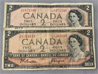 (2) 1954 Canada 2 dollar notes, Billets de