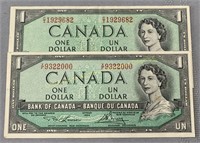 (2) 1954 Canada uncirculated 1 dollar notes