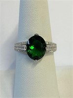 .925 Silver 4ct Oval Cut Emerald Ring Sz 7   E