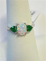 .925 Silver Oval & Heart Emerald Ring Sz 7    E