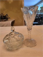 CRYSTAL VASE AND E.A.P.C. COVERED CANDY DISH