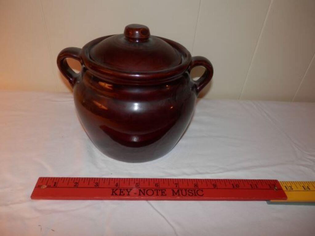 One-brown double handled 6" H bean pot w/lid