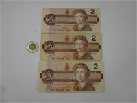 3 billets de 2$ Canada 1986