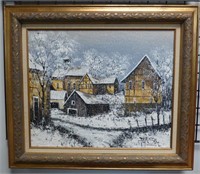 Unknown Artist Winter Village Scene Oil on Canvas