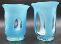 2 Beautiful Blue Spot Optic Art Glass Vases