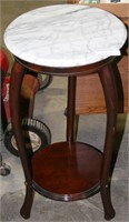 VINTAGE WOOD AND MARBLE TOP ROUND SIDE TABLE