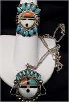 Zuni Inlaid MOP Sterling & Turqoise Ring/ Necklace