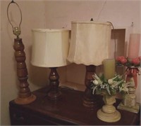 3 lamps, 2 candle sticks,  handmade, wood turned