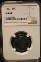 1833 MS64 Certified Capped Bust Silver Quarter