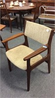 MID CENTURY DINING CHAIRS WITH FABRIC UPHOLSTERY