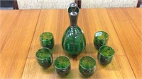 GREEN GLASS  DECANTER SET WITH SILVER OVERLAY,