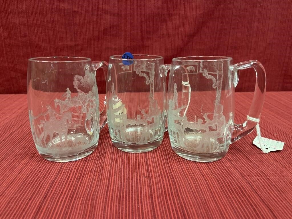 3 Signed Heisey Crystal etched mugs 5”h