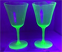 2 URANIUM GLASS WINE GLASSES STEMWARE
