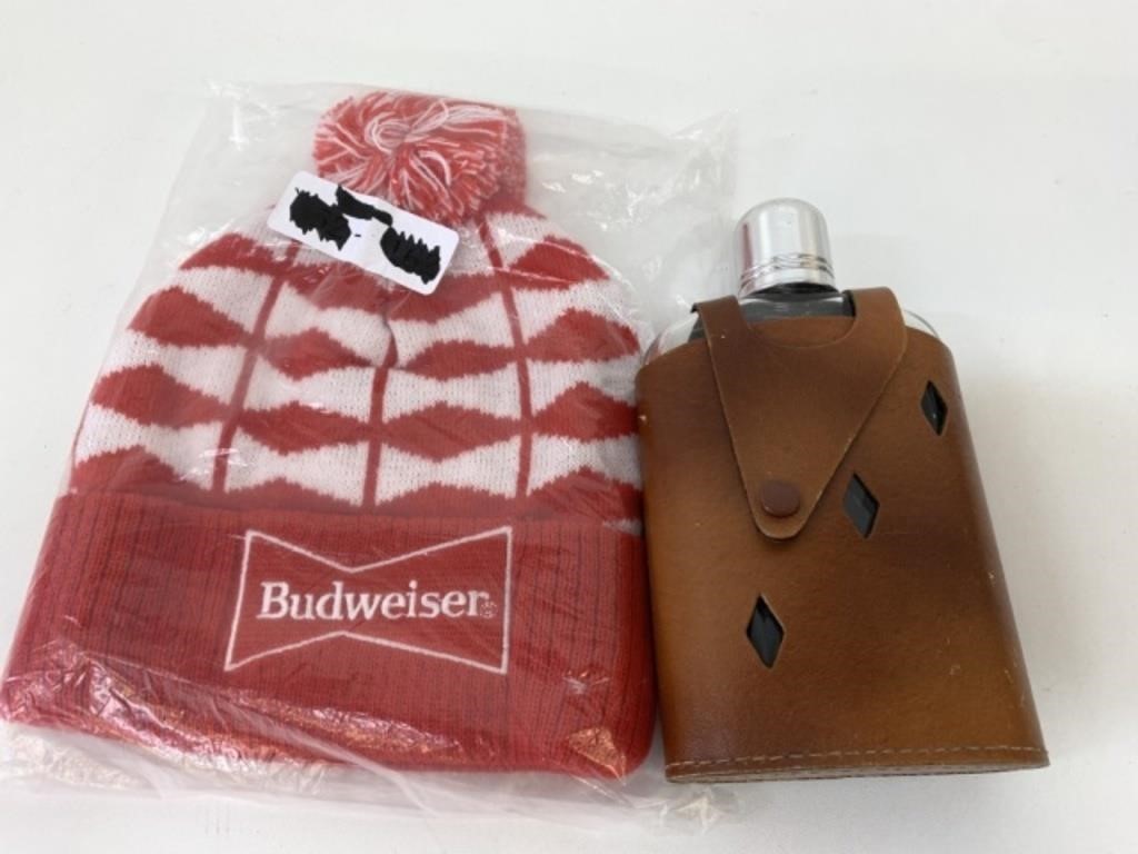 Budweiser Toque & Glass Flask w/Leather Sheath