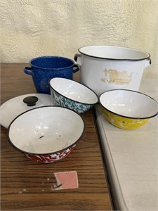 Misc. (6 pcs) Enamel colored bowls-pots- cover