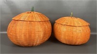 Two Large Pumpkin Wicker Baskets with Lids