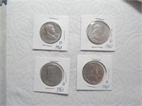 (4) 1961-D Franklin 90% Silver Half Dollars