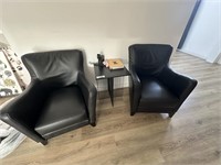 2 Black Vinyl Arm Chairs & Occasional Table
