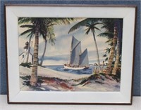 Signed & Dated Print Palm Trees, Boat & Lighthouse