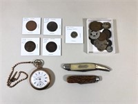 Coins, Two Knives and a South Bend Pocket Watch