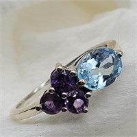 925 SILVER AQUAMARINE & AMETHYST RING SZ 4.75