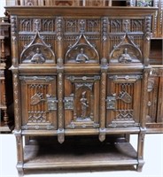 Neo Gothic Knight and Lady Carved Oak Cabinet.