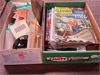 Box of vintage comics and a box of capacitors,