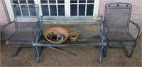 2 WROUGHT IRON PATIO CHAIRS AND PARK BENCH