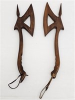 PAIR OF CARVED DECORATIVE AXES - LEATHER STRAPS