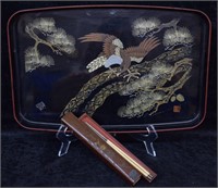 2 pcs. Lacquer Tray w/ Antique Chop Stick Set