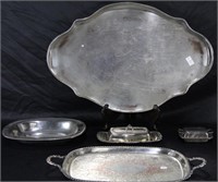 LOT OF 6 SILVER PLATED SERVING TRAYS/ BUTTER HOLDE