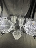 4 CRYSTAL ETCHED WINE GLASSES, TWO RELISH BOWLS