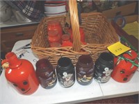 Old basket full painted jars candle holders