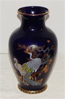 Black Japanese vase with birds and gold trim 12"