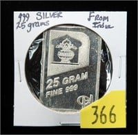 India 25 grams .999 Fine silver bar