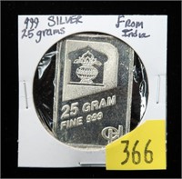 India 25 grams .999 Fine silver bar