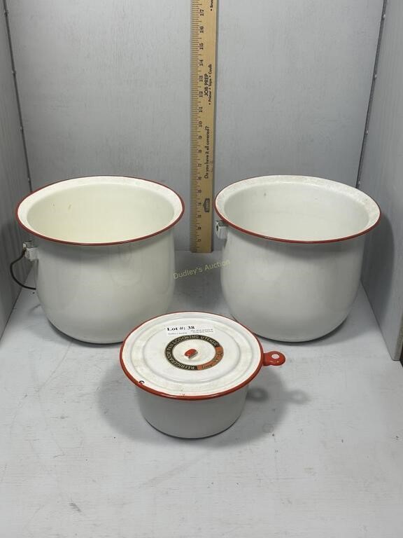 3 Red & white enamelware - 2 slop jars (original p