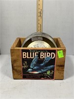 Blue Bird labeled wooden box with 14 assorted blue