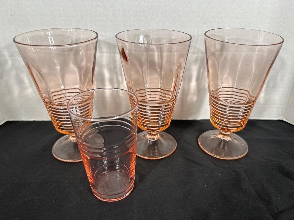 3 Peach Federal Glass Footed Water Glasses